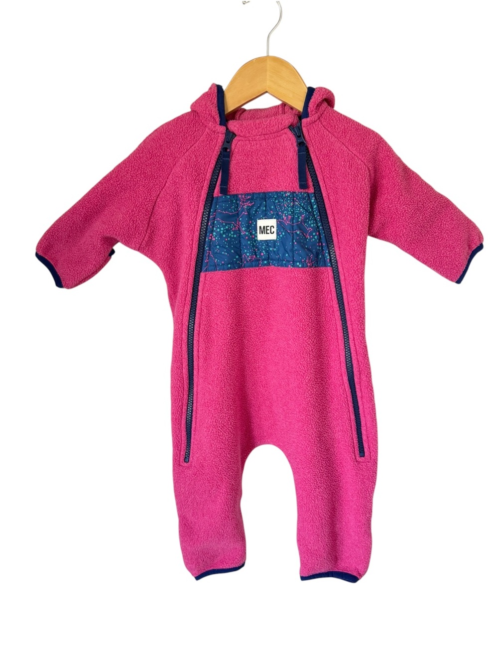 MEC Hot Pink Fleece Hooded One-Piece Bunting with Navy Trim 6 months